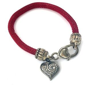 Red Mesh Heart Charm‎ Bracelet Women 8" Red Silver Scroll Love Valentines